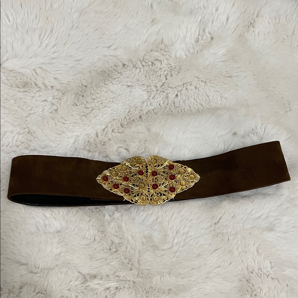 VTG Dior Brown Suede Belt with Ornate Gold Buckle and Red Accents - Picture 1 of 8
